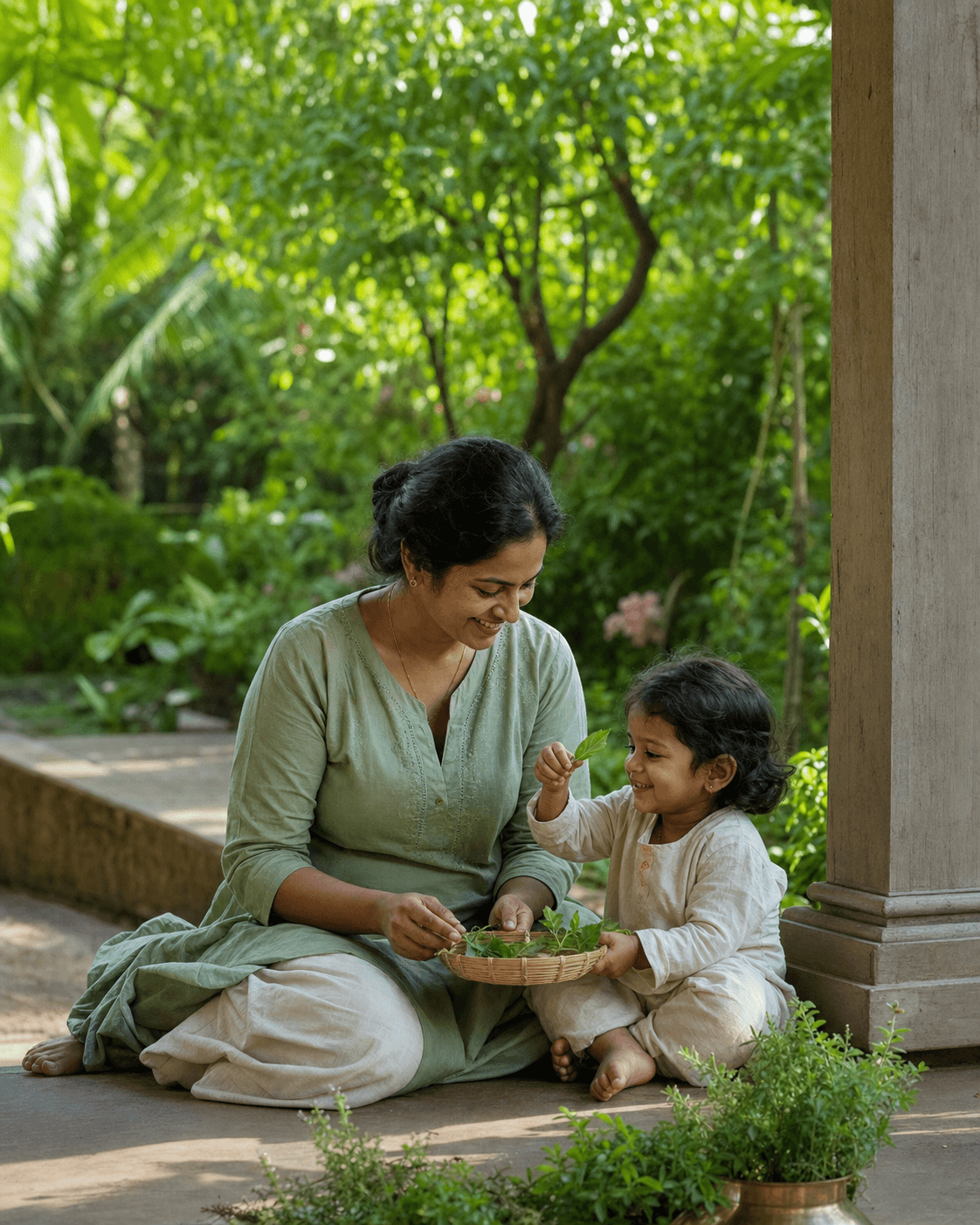 Mother and child exploring medicinal leaves in a Kerala retreat garden