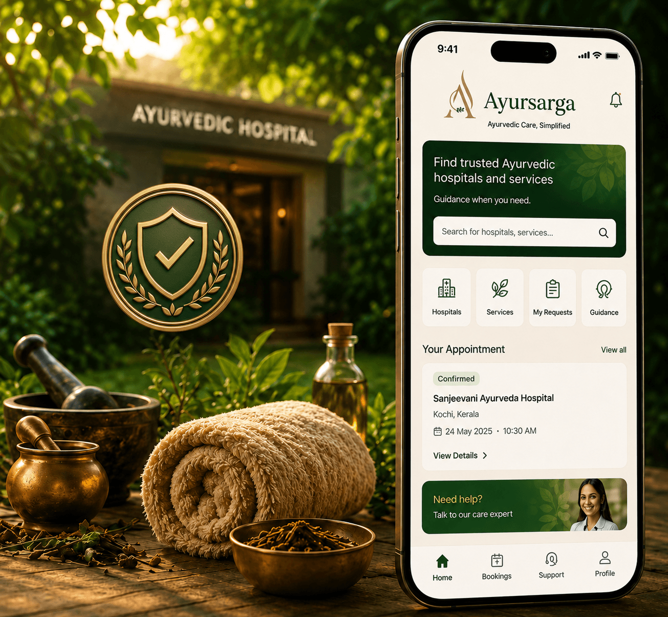 Ayursarga connecting trusted Ayurvedic hospitals, services, appointment requests and personal guidance